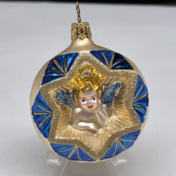 Inge Glas Round Indented Angel German Glass Christmas Ornament 3.5" - Picture 1 of 7